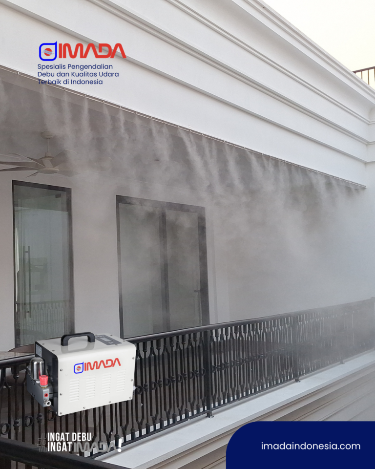 Instalasi Imada misting system tipe IMD-4002 di balkon lantai 3 hunian eksklusif Pantai Indah Kapuk untuk pendinginan area gym pribadi